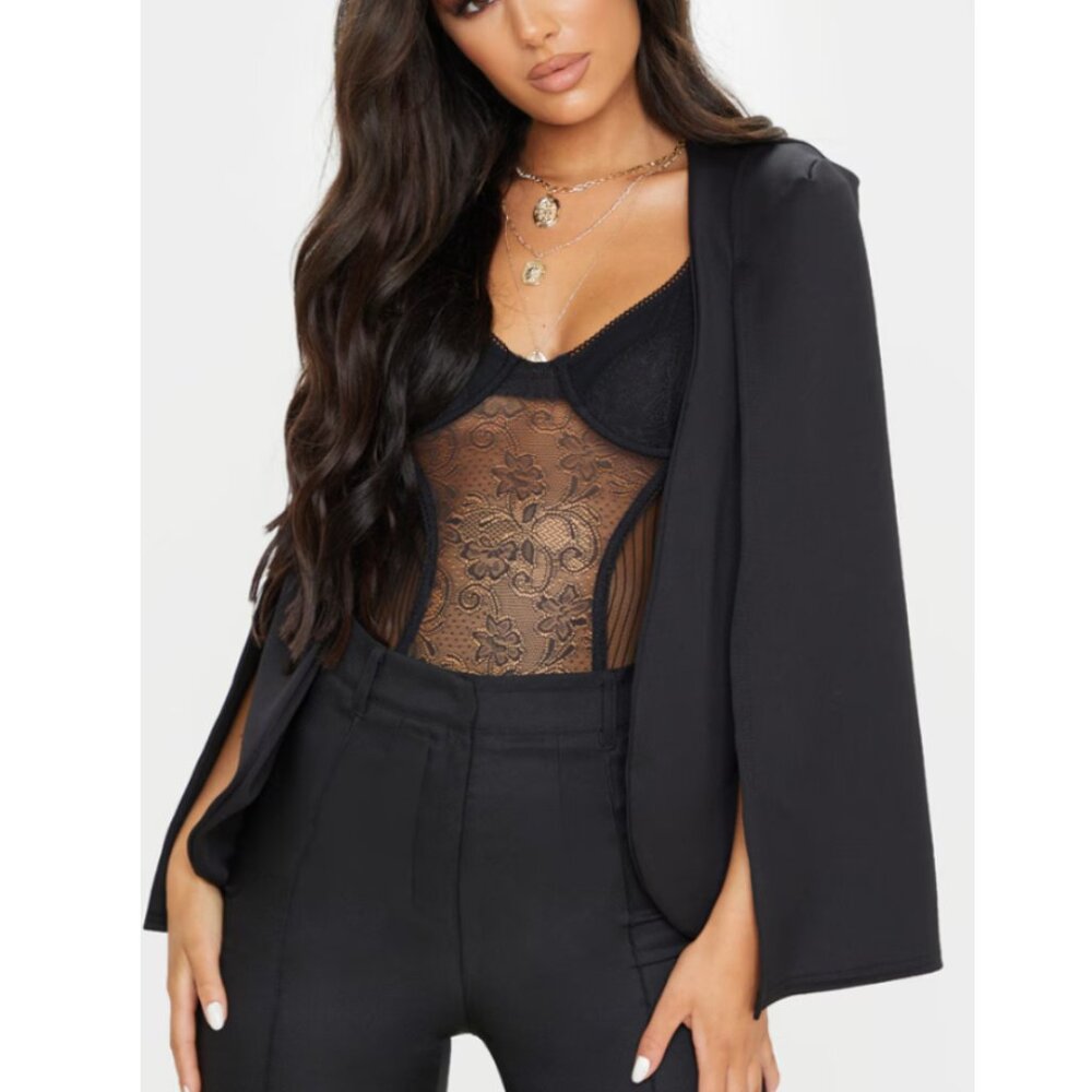 PrettyLittleThing Black Cape Open Padded Shoulder Blazer Jacket